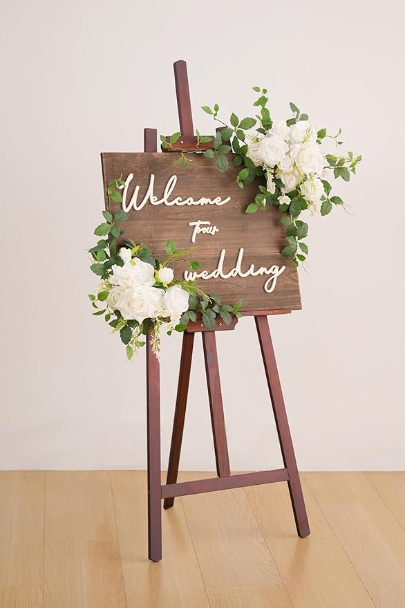 2pcs White Green Mint Leaves Deluxe Welcome Sign Artificial Flowers Wedding Backdrop Garland Hanging Floral Arrangements for Ceremony Reception Entryway Board Sweetheart Table