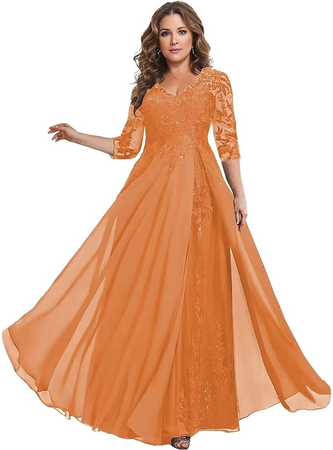Long Sleeve Mother of The Bride Dress for Wedding Chiffon Lace Applique Formal Gowns BOF163