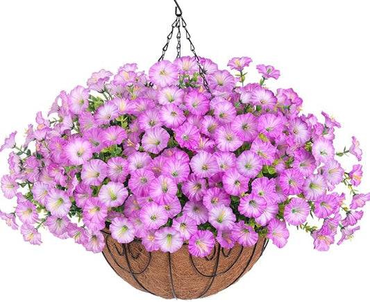 Artificial Fake Hanging Plants Flowers Basket for Outdoors Spring Summer Decoration, UV Resistant Realistic Outdoor Faux Silk Morning Glory in Planter for Outside Porch Patio Balcony Garden Yard Home