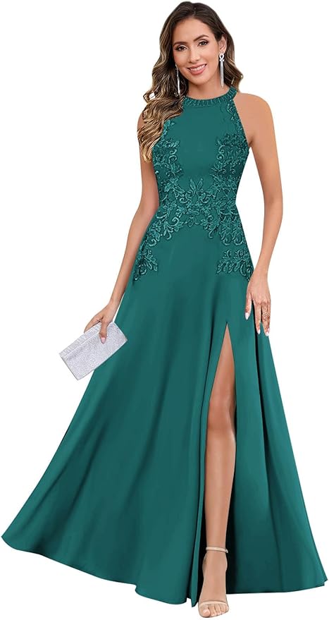 GUKARLEED Halter Lace Appliques Mother of The Bride Dresses for Women Long A-line Formal Wedding Guest Dress with Slit