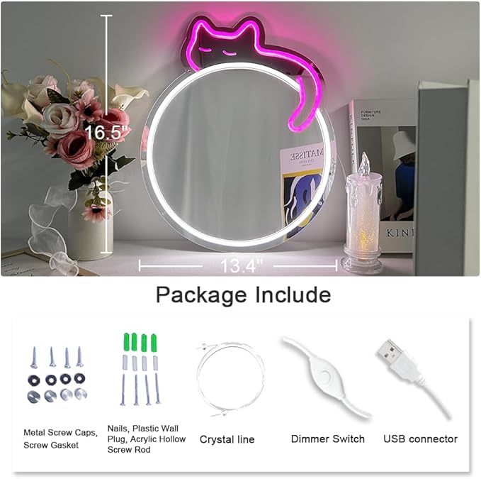 jXIN Cat Neon Signs Mirror 16.53"x13.38" USB Powered with Dimmer LED Cute Neon Light for Wall Room Decor Bedroom Living Room Party Studio Shop Birthday Gifts for Girls