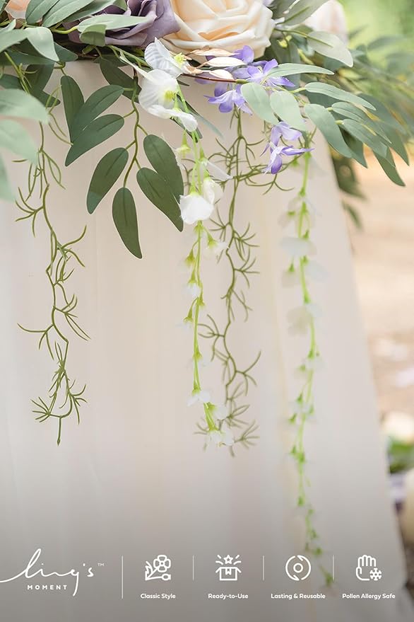 Ling's moment 9FT Flower Garland for Backdrop Decorations - Wedding Arch Flowers, Eucalyptus & Rose, Artificial Floral Garland for Mantel - Sweetheart Table Decor for Ceremony Reception, Lilac & Gold