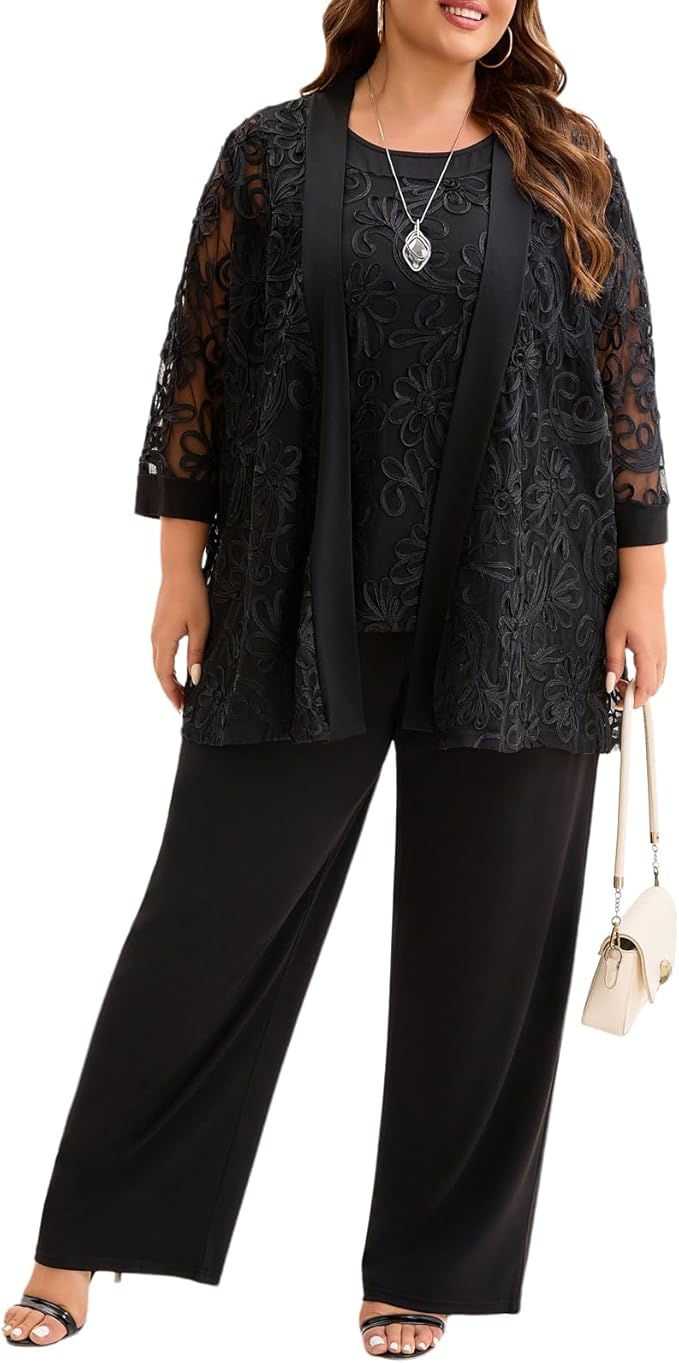 Plus Size 3 Piece Floral Embroidered Pantsuit Set Women Mother of Bride Wedding Guest Formal Evening Cocktail Party Attire