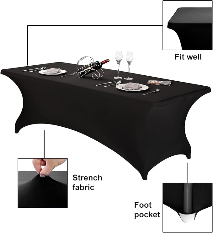FORLIFE 6Pack Spandex Table Covers 8ft，Fitted Tablecloth for 8ft Rectangular Tables, Stretch Patio Table Covers, Universal Spandex Table Cover for Wedding, Banquet, Party - Black