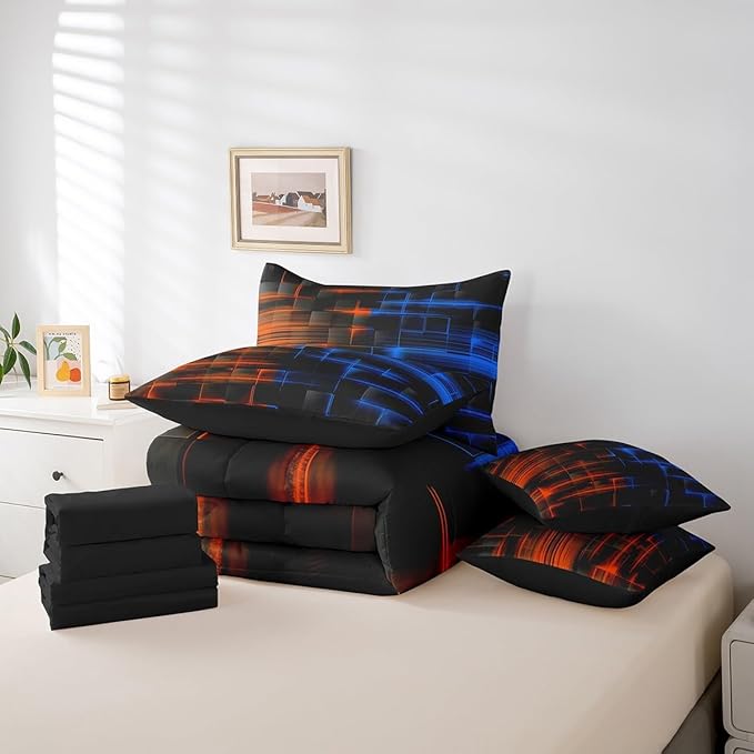 Feelyou Blue and Orange Comforter Set with Sheets 7 Piece Full Size Kids Geometric Bed in a Bag Strip Lines Bedding Set Abstract Art Bed Set with Comforter, Sheets,Pillowcases,Cushion Covers