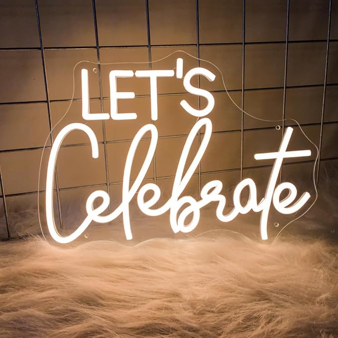 Let's Celebrate Neon Sign Warm White LED Neon Lights for Wall Decor USB-Powered Neon Signs for Living Rooms, Dining Rooms,Thanksgiving and Party Decorations(15"x10.6")