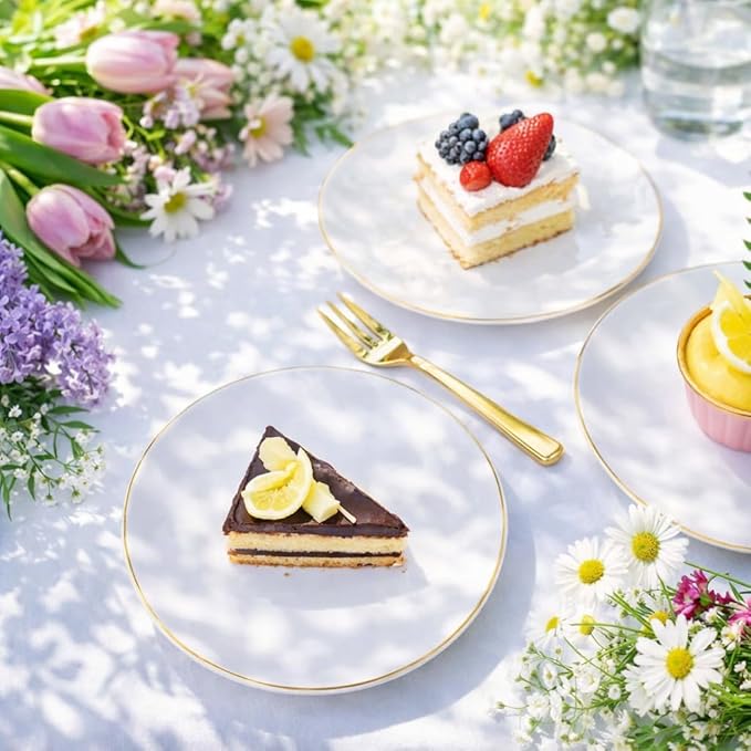 Festiva 200Pcs Gold Dessert Plates 6.3" with Forks 5"- Small Disposable Dessert/Cake/Appetizer Plates Plates- serve 100 guests include 100Plates 100Forks for Wedding & Easter Party &Valentine's Day