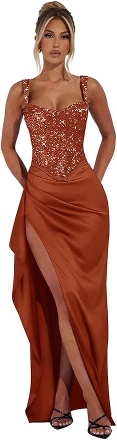 Basgute Sparkly Sequin Prom Dresses for Women 2026 Mermaid Corset Long Slit Ball Gown Formal Evening Party Dress