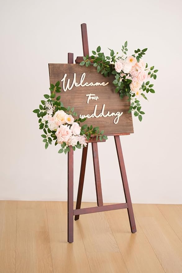 2pcs Champagne & Pink Deluxe Welcome Sign Artificial Flowers Wedding Backdrop Garland Hanging Floral Arrangements for Ceremony Reception Entryway Board Sweetheart Table