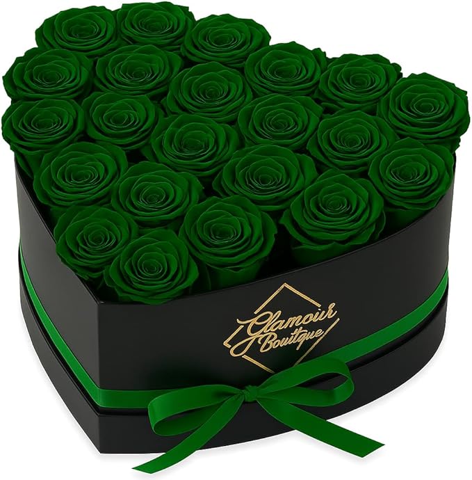 GLAMOUR BOUTIQUE 27 Flower Forever Heart Shape Box, Eternal Preserved Roses Gift for Her, Lasting Flowers, Premium Floral Heart Box for Birthday, Anniversary or Valentine’s Day, Green (Color-Treated)