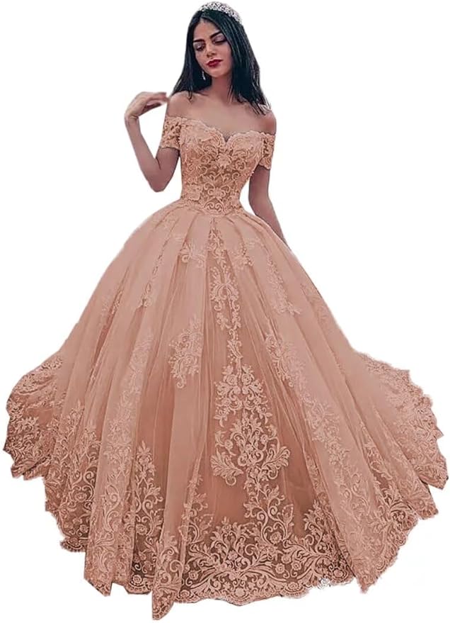 TRHTX Off Shoulder Lace Wedding Dresses for Bride Appliques Bridal Gowns for Women A-line Wedding Gowns with Train