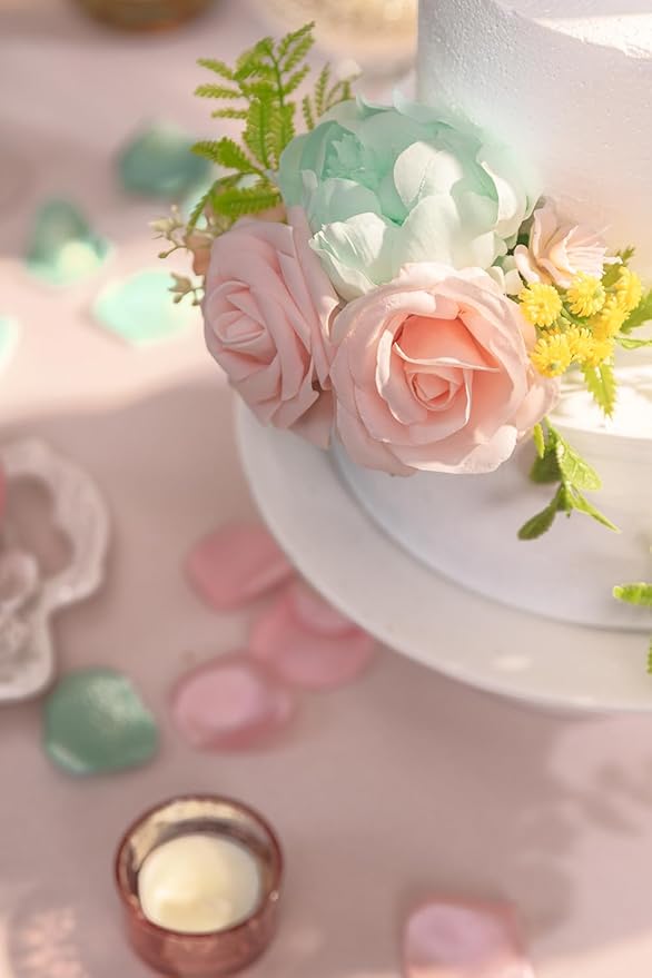 TINGE TIME 3Pcs Pre-made Cake Toppers，Silk Artificial Flowers Decor，Cake Decorations for Weddings, Birthdays, Party,Baby Shower,Celebration (Mint Green and Pink)