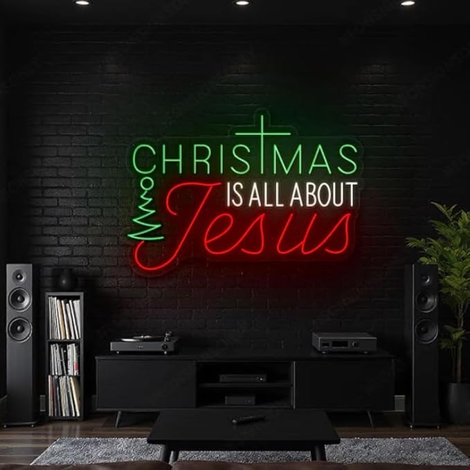 Christmas Is All About Jesus Led Neon Sign, Christmas Jesus Neon Light Cross Led Line Art, Xmas Neon Decor Size:25 inches