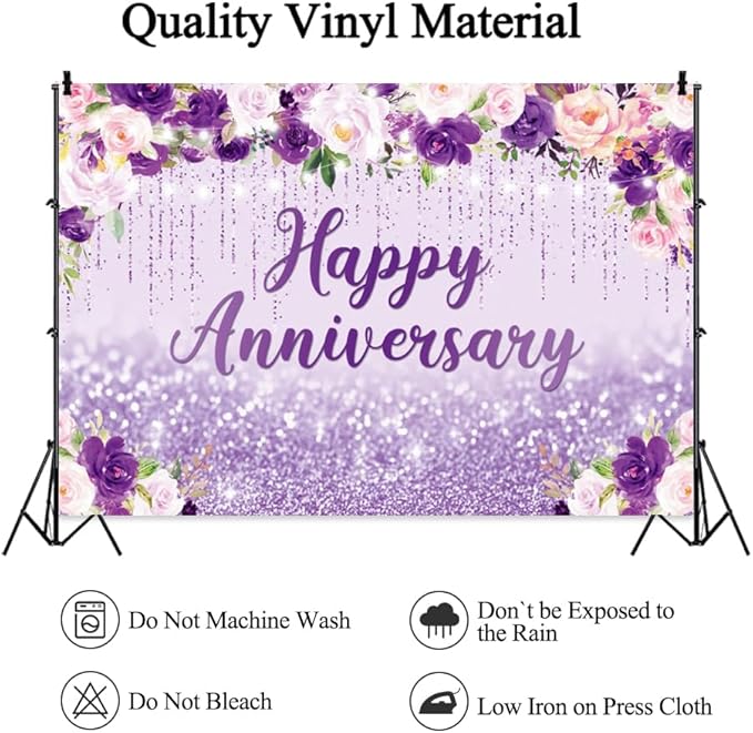 9x6ft Happy Anniversary Backdrop, Floral Glitter Backdrop for Women Wedding Anniversary Decoration Violet and Pink Flowers Photography Background Cake Table Banner Party Decor