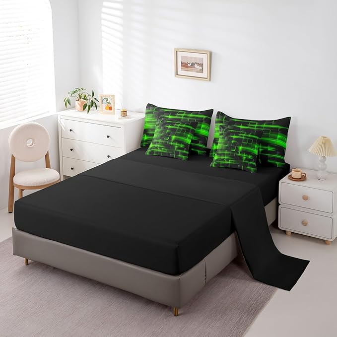 Feelyou Green Black Bedding Set Twin Size Boys Girls Geometric Strip Lines Comforter Set with Sheets 7 Piece for Bed in a Bag Abstract Modern Bed Set with Comforter,Sheets,Pillowcases