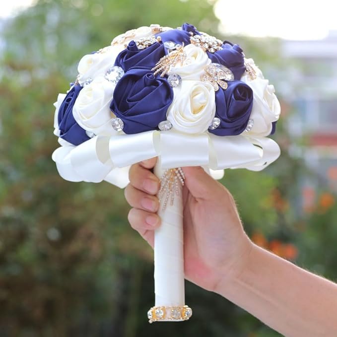 Handmade Wedding Bridal Bouquet with Luxury Gold Rhinestone Brooch for Bride Bridesmaid Quinceanera Satin Rose Flower Wedding Bouquet Navy Blue and Ivory 7.5in