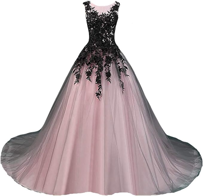 Kivary Gothic Gray Tulle Long Black Lace Sheer Bateau Prom Wedding Dresses