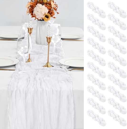 20 Pack White Table Runner 10Ft Cheesecloth Table Runner Boho Gauze Table Runners Romantic Long Sheer Fabric Cheese Cloth Table Runners for Wedding Party Bridal Shower(White)