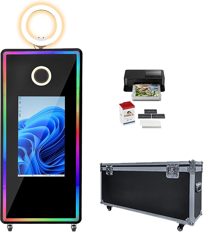 Photo Booth with Printer 32-inch Interactive Touch Screen Magic Mirror Photo Booth LED Photobooth Machine Built-in Mini PC Selfie Ring Lights Instant Printing for Party Events Rental Wedding