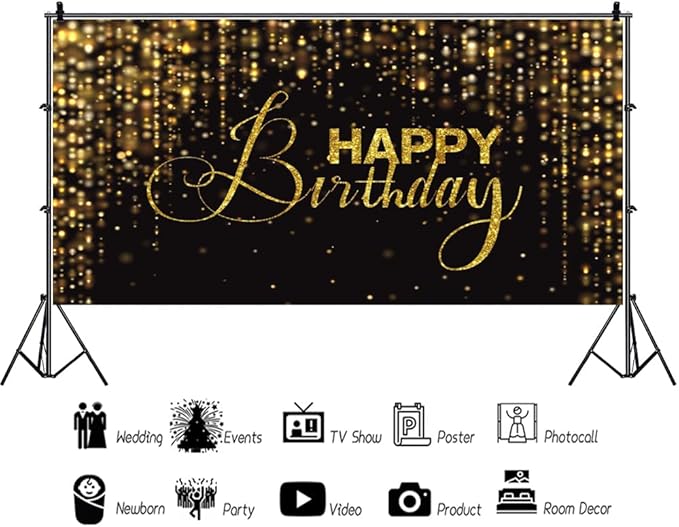 Happy Birthday Backdrop for Photography 15x8ft Luxury Black and Gold Birthday Party Backdrop Background Banner Bokeh Glitter Men Birthday Party Decorations Supplies Wallpaper Studio Props