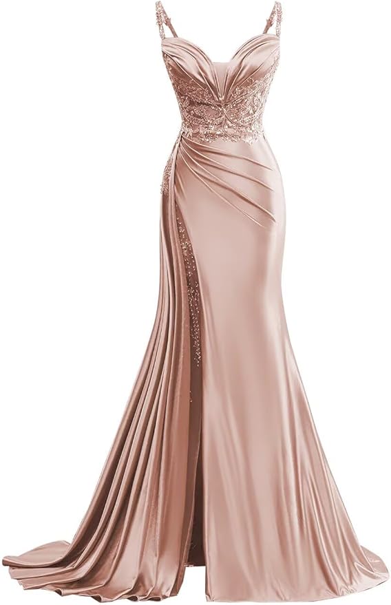 V Neck Satin Prom Dresses Long Mermaid Lace Evening Gown with Slit Pleated Bodycon Formal Dress with Tail