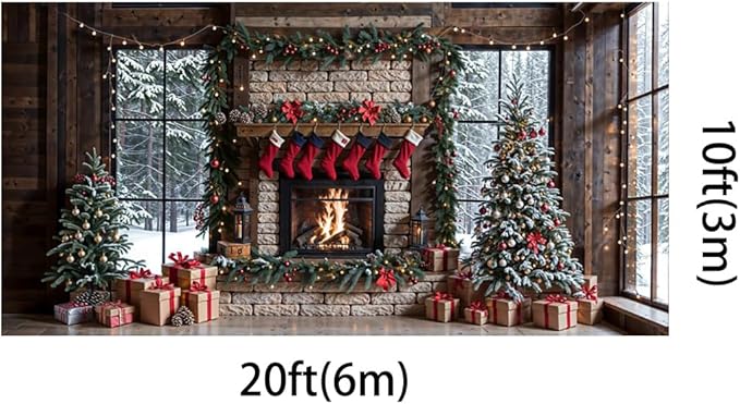 Kate 20x10ft Christmas Photo Backdrop Winter Fireplace with Stockings Decoration Snow Window Backgronds Christmas Tree Scene Xmas Party Background for Photography
