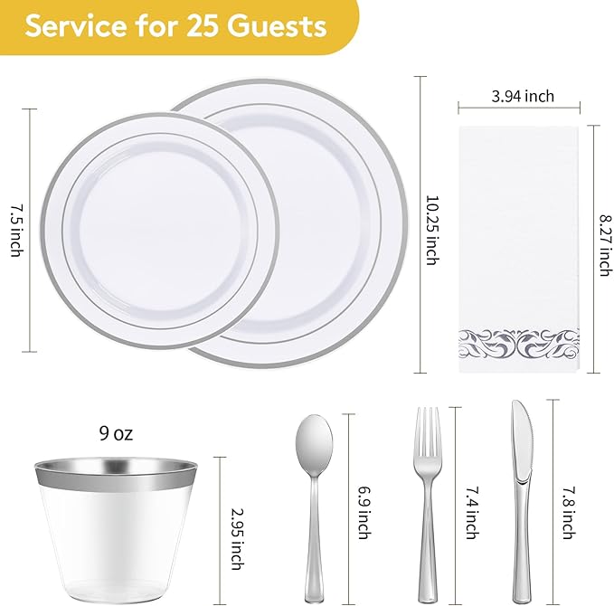 Goodluck 175 Piece Silver Dinnerware Set for 25 Guests, Plastic Disposable Plates for Party, Includes Dinner and Dessert Plates, Paper Napkins, Cups, Silverware Set