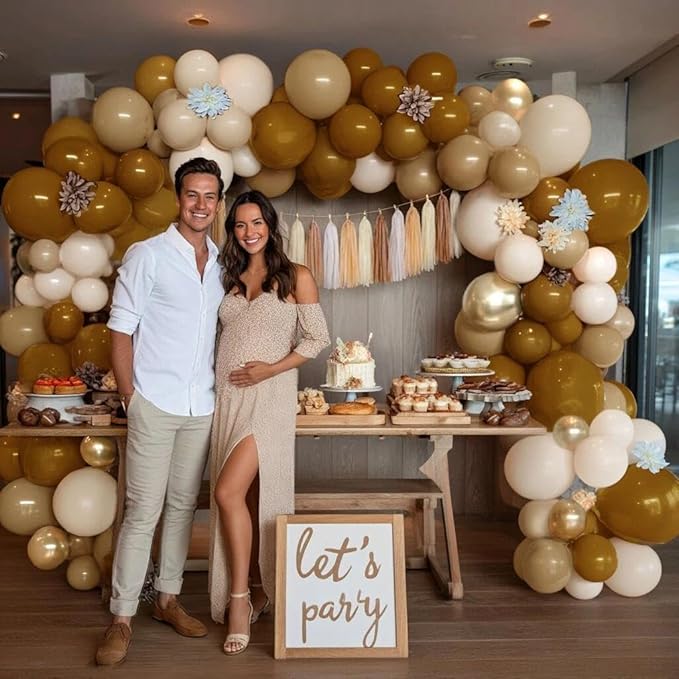 Neutral Balloon Arch Garland Kit - Double Stuffed Brown Nude Beige Cream Gold Balloons with 12pcs Artificial Flowers & 20pcs Tissue Tassels for Birthday Bear Baby Shower Party Decoration