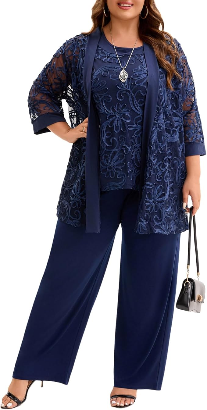 Plus Size 3 Piece Floral Embroidered Pantsuit Set Women Mother of Bride Wedding Guest Formal Evening Cocktail Party Attire