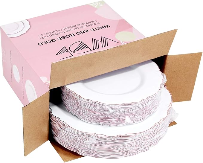 WDF 100pcs Rose Gold Plastic Plates-Baroque White &Rose Gold Disposable Plates including 50Plastic Dinner Plates 10.25inch,50Salad Plates 7.5inch for Wedding & Parties