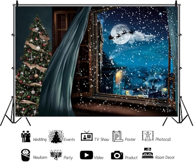 Christmas Backdrop 10x6.5ft Christmas Window Snowy Scene Photography Backdrop Xmas Tree Snow Background Merry Christmas Happy New Year Party Decoration Banner Portrait Photoshoot Studio Props