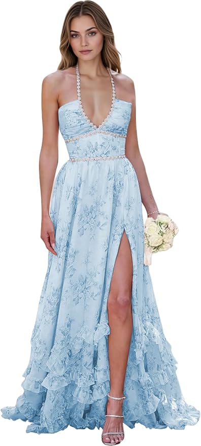 Floral Printed Chiffon Prom Dress for Carmen 2025 Long V Neck Floor Length Photoshoot Dress with Side Slit Ruched