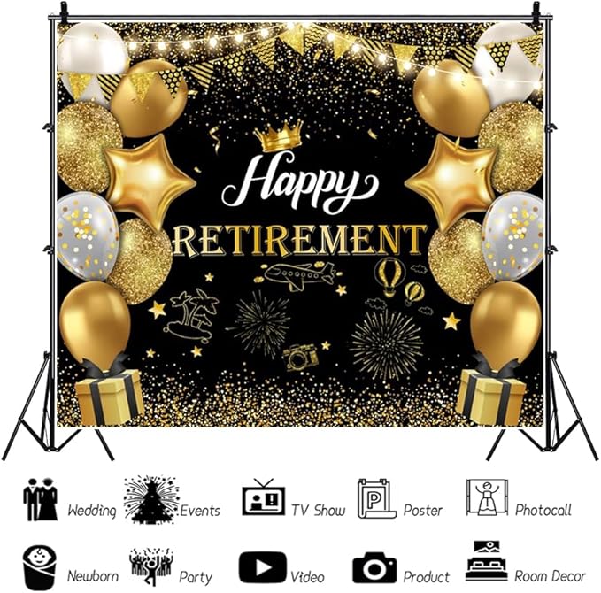 10x10ft Happy Retirement Photography Backdrop Black and Gold Retirement Party Decorations Backdrop Background Balloons White Lights Glitter Celebrate Retirement Party Supplies Studio Props