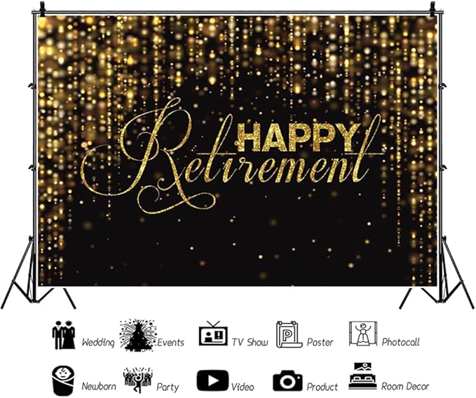 10x8ft Happy Retirement Photography Backdrop Luxury Black and Gold Party Backdrop Background Gold Glitter Celebrate Retirement Party Decorations Wallpaper Studio Props Bokeh Banner Supplies