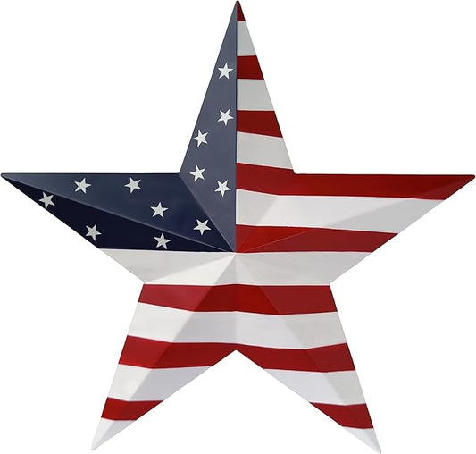 JoyEvy 19.4“ Patriotic Metal Barn Star Wall Decor, American Flag Stars for House Ornaments, Indoor Outdoor Wall Hanging Primitive Decor Star for 4th of July Decoration