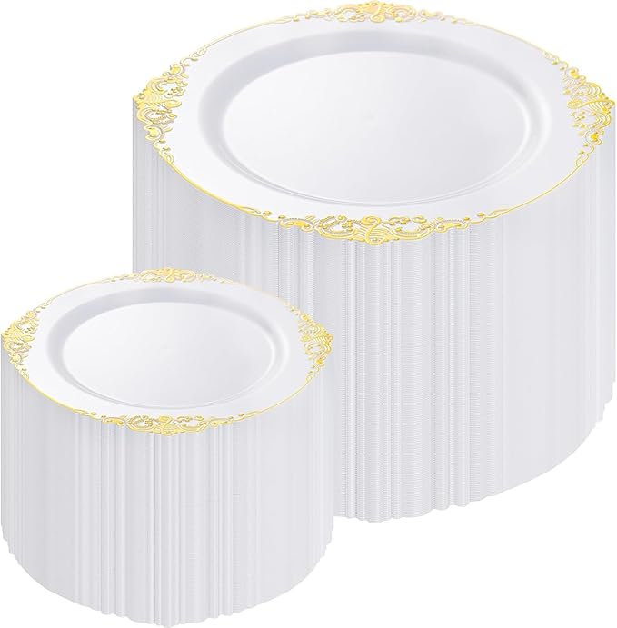 200PCS White and Gold Plates - Gold Plastic Plates - Fancy Disposable Plate - Gorgeous Dinner & Dessert Plate for 100 Guests for Wedding & Party