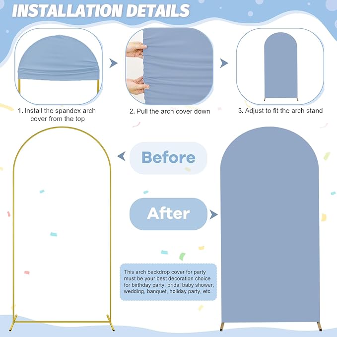 7.2FT Metal Arch Backdrop Stand with Dusty Blue Arch Cover Balloon Arched Frame Spandex Arched Backdrop Stands Cover Wedding Arch Stand and Cover Set for Bridal Baby Shower Birthday Party Prom Decor