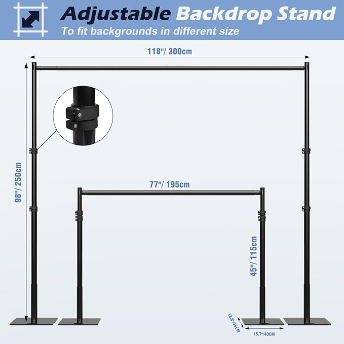 Heavy Duty Backdrop Stand, 8x10ft Pipe and Drape Backdrop Stand Kit with Upgrade Clip on Telescopic Poles Frame and Metal Base, Background Holder for Parties Wedding Birthday Photography