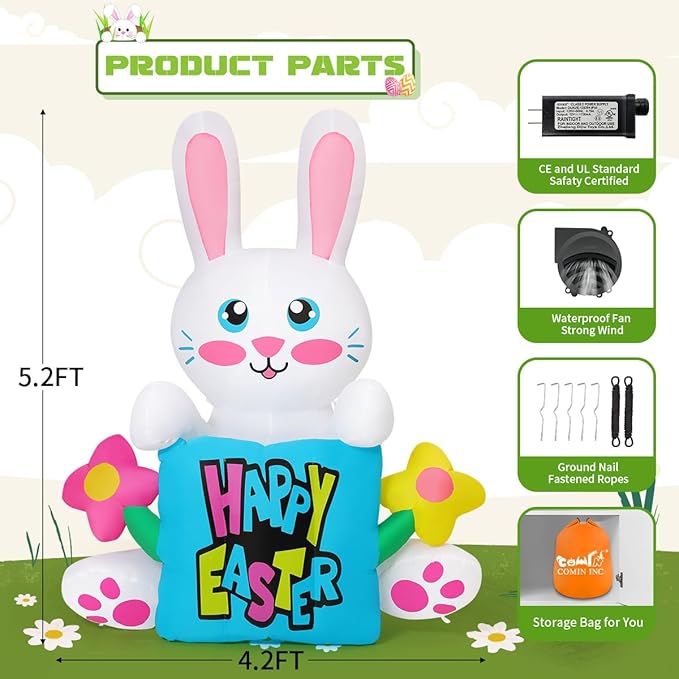 COMIN 5.2 FT Tall Easter Inflatables Rabbit Hold Flower Sign Outdoor Decorations Blow Up Yard with Built-in LEDs for Indoor Party Garden Lawn Decor