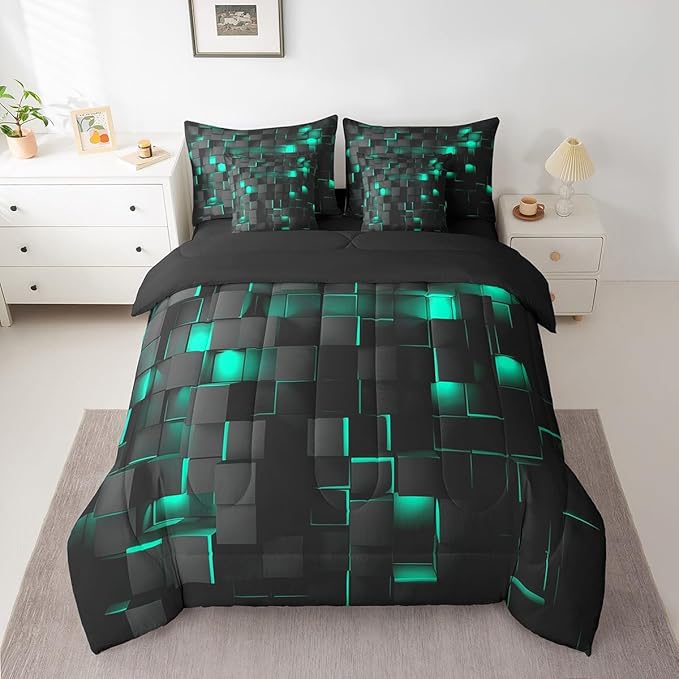 Feelyou Teal Blue and Black Bedding Set Twin Size Kids Light Geometric Comforter Set with Sheets 7 Piece Bed in a Bag forModern Bed Set with Comforter,Sheets,Pillowcases,Cushion Covers