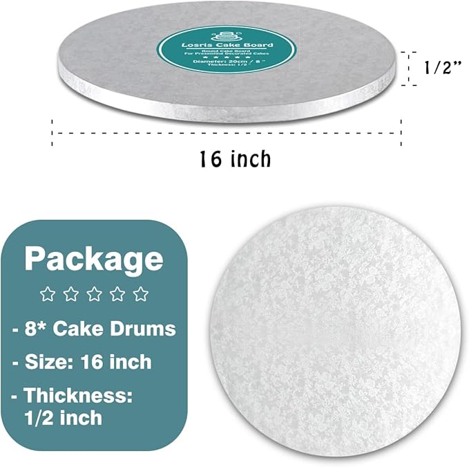 Silver Cake Drum Round 16 Inch Cake Boards with 1/2-Inch Thick Smooth Edges for Multi Tiered Birthday Wedding Party Cake Drums Board (8 PCS)