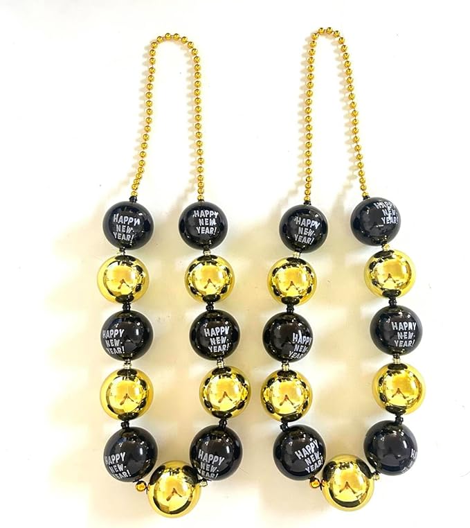 50 Pcs with 4 Styles Happy New Year Bead Necklaces Black Gold Silver New Year's Eve Jumbo Beads Necklaces New Year Party Decoration