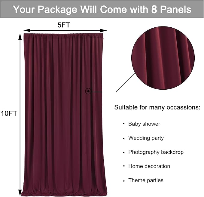 40 ft x 10 ft Wrinkle Free Maroon Backdrop Curtain for Parties, Polyester Burgundy Photo Backdrop Drapes 8 Panels 5x10ft for Baby Shower Wedding Birthday Party Engagement Ceremony Decoration