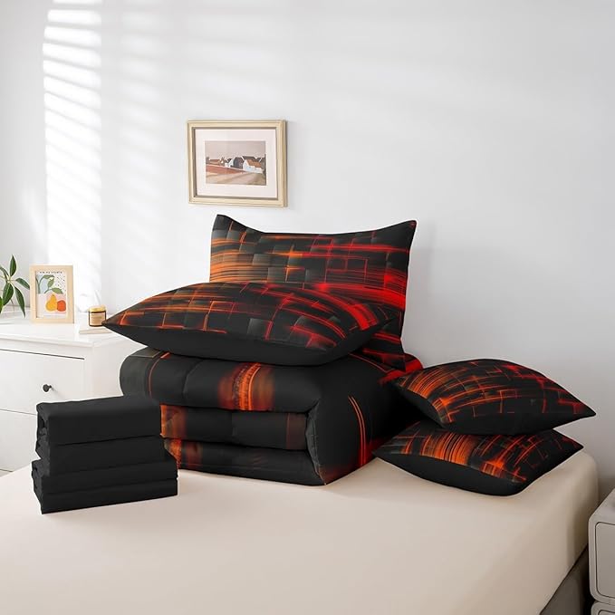 Feelyou Red and Orange Comforter Set with Sheets 7 Piece Queen Size Kids Geometric Bed in a Bag Strip Lines Bedding Set Abstract Art Bed Set with Comforter, Sheets,Pillowcases,Cushion Covers