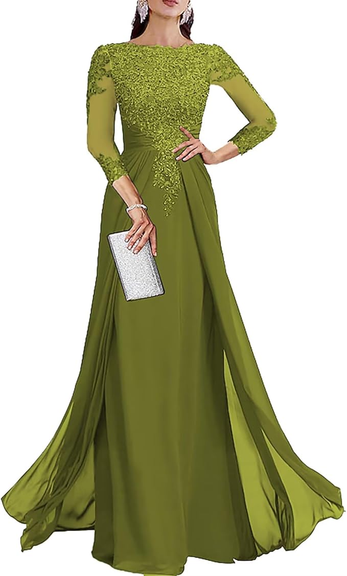 Long Sleeve Mother of The Bride Dresses for Wedding Lace Appliques Chiffon Formal Dress He6052