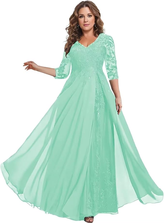 Long Sleeve Mother of The Bride Dress for Wedding Chiffon Lace Applique Formal Gowns BOF163