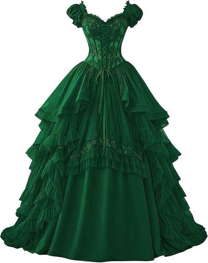 Ftupza Gothic Wedding Dresses Lace Appliques 1800s Victorian Dresses for Women Layered Tulle Prom Dress Long Ball Gown