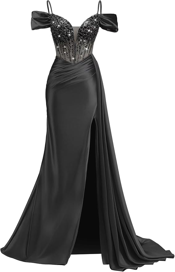 Rjer Off The Shoulder Satin Prom Dresses Long with Slit Tail 2026 Sequin Beaded Pleated Evening Ball Gown for Women Formal