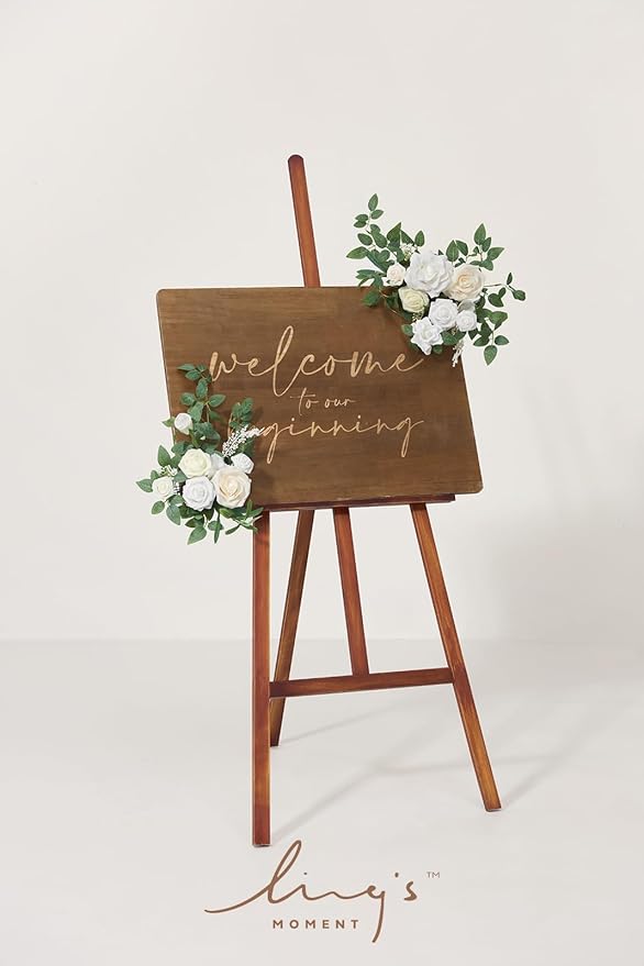 Ling's moment 2pcs White Wedding Artificial Floral Swag Welcome Sign Flowers Backdrop Garland Green for Ceremony Reception Door Wall Easel Home Decoration Entryway Faux Outdoor Board Table Decor