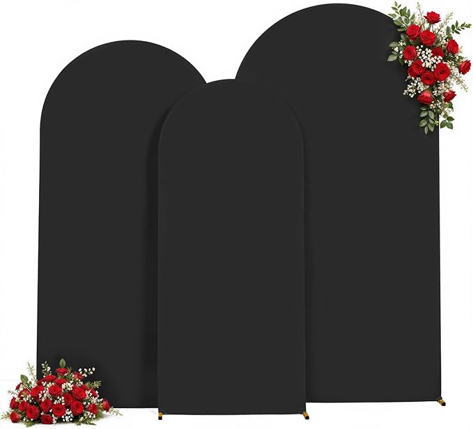 Black Arch Backdrop Cover Set of 3 - Spandex Arch Covers 7.2FT 6.6FT 6FT Stretchy Fabric Backdrop for Wedding Ceremony, Bridal Baby Shower, Birthday Party, Photo Booth Background Decor